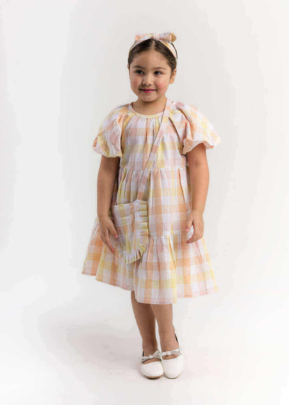 Yellow Gergean Dress With Bag For Girls 2023