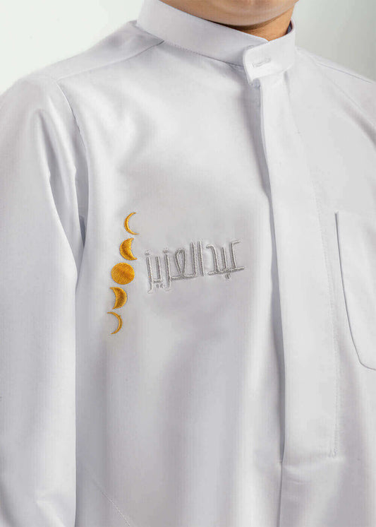 White Summer Dishdasha Al Jazeera For Kids - Moon Cresent Edition (With Name Embroidery)