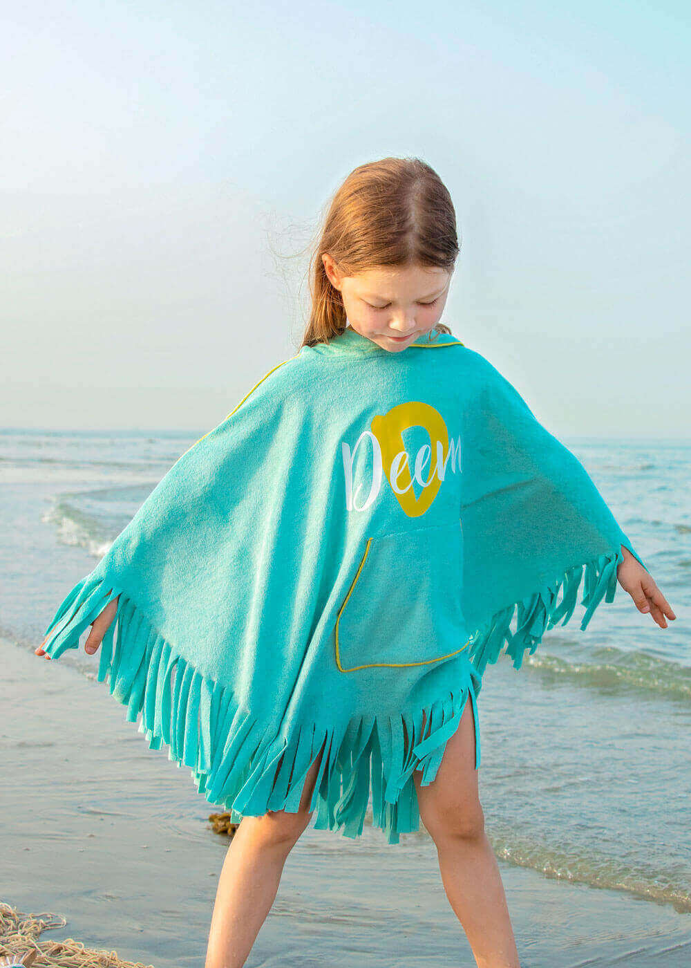 Turquoise Fringe Towel Cape For Girls (With Name Printing Option)