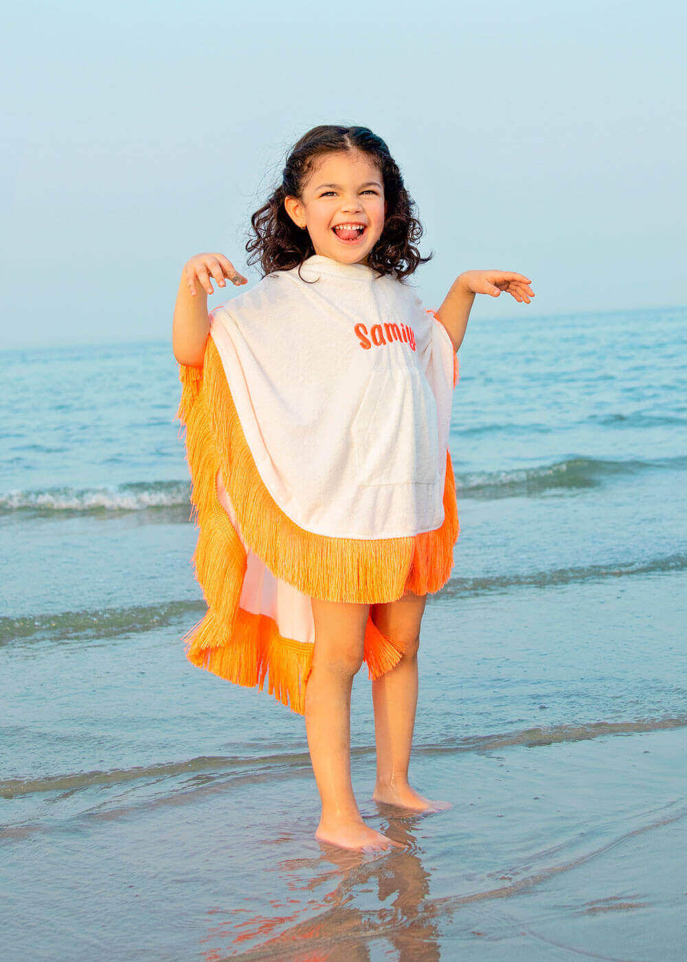 White And Orange Fringe Towel Cape For Girls (With Name Embroidery Option)