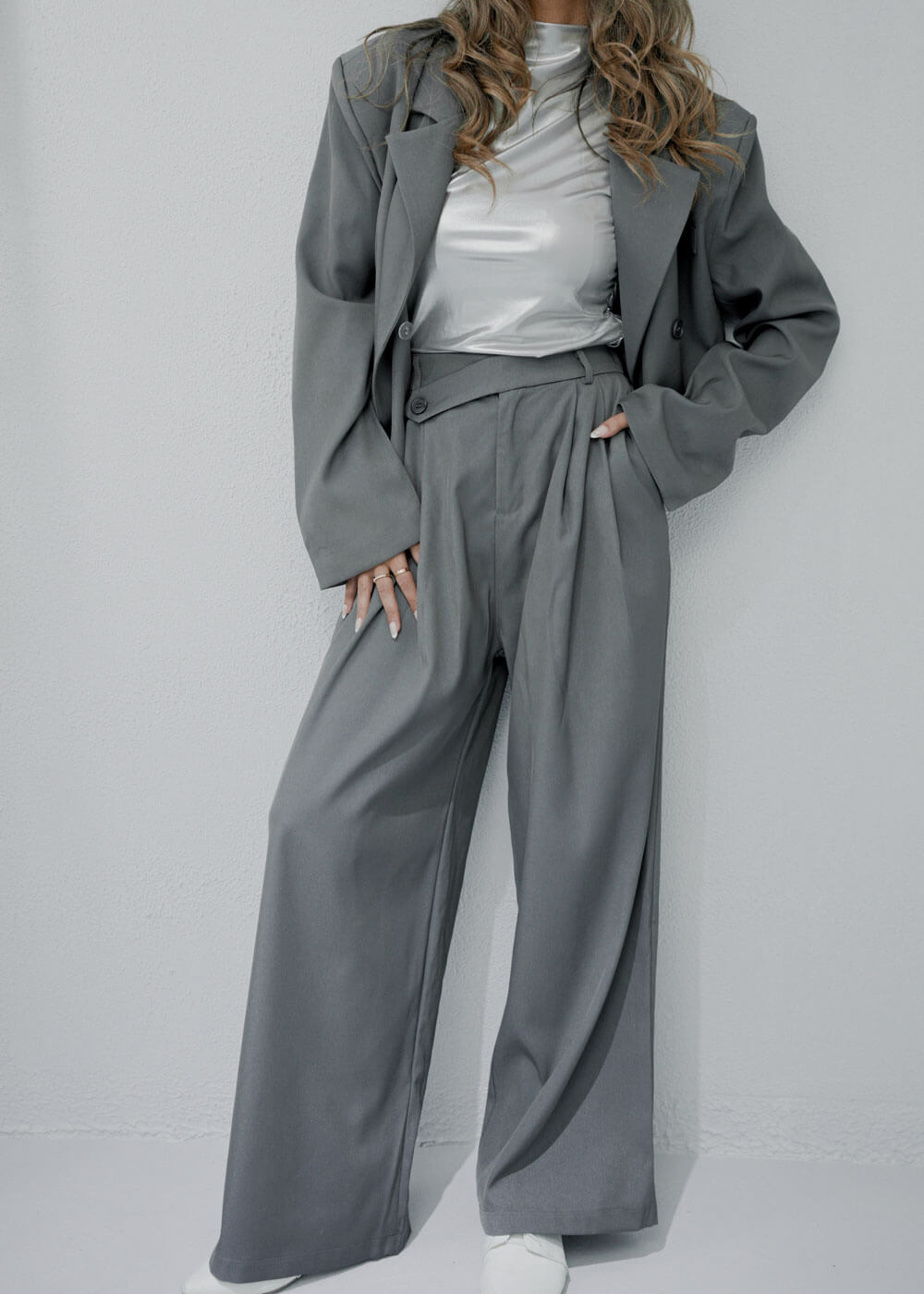 7379 Grey Blazer And Pant Set For Women