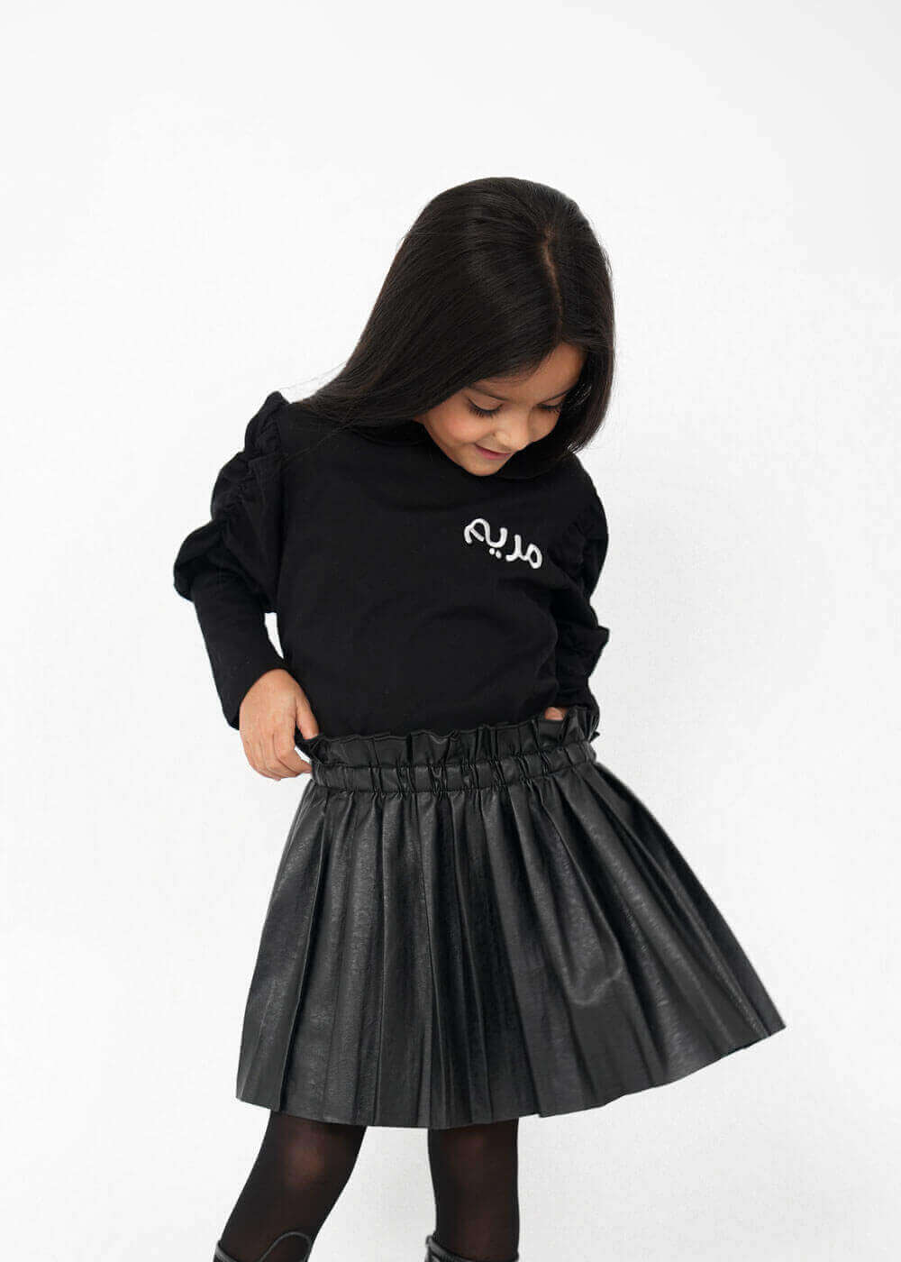 Black Faux Leather Pleated Skirt For Girls