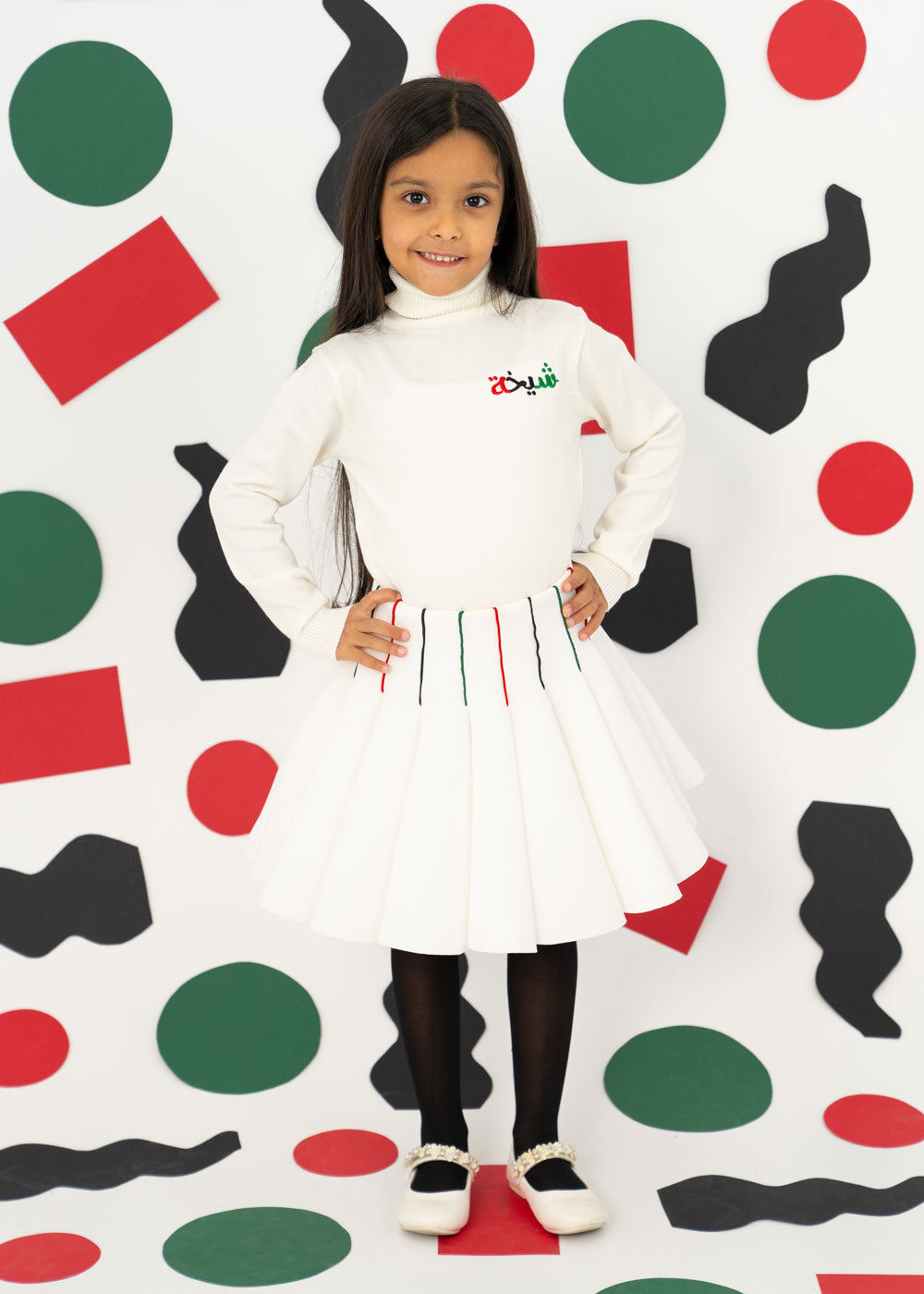 7519 White Skirt With Kuwait Color National Day For Girl KND-24