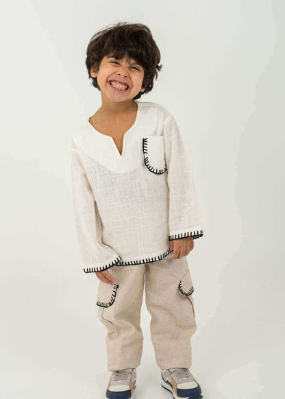 Beige Two-Piece Blouse And Pants Set For Boys 7536