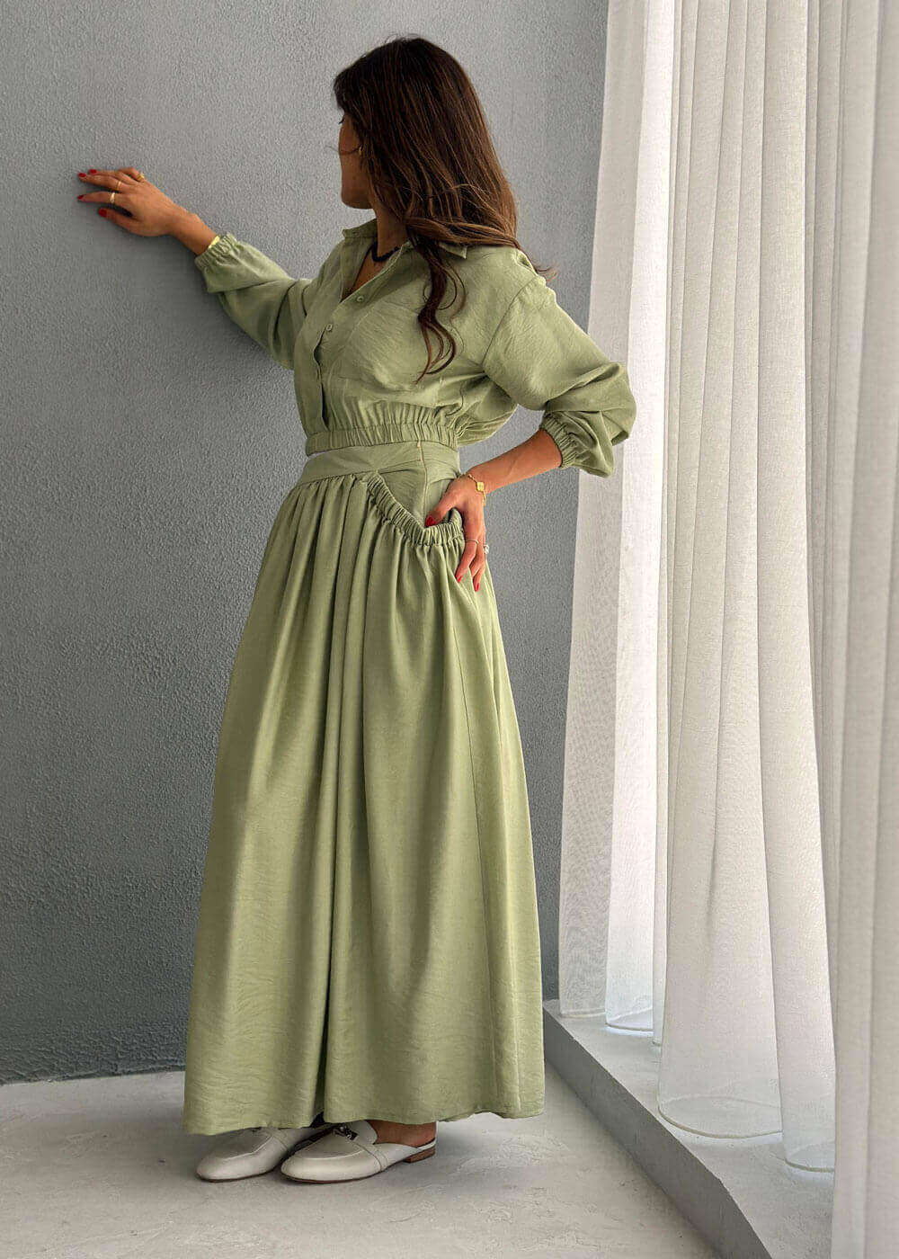 7565 Light olive Top And Skirt Set For Women