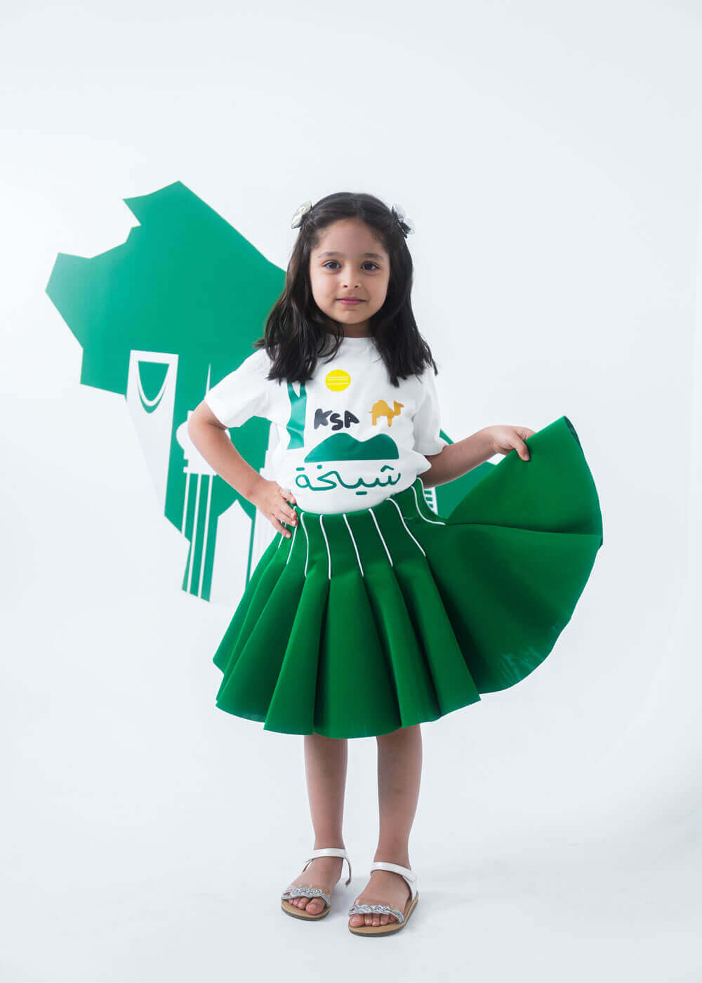 Saudi White T-Shirt Symbol Design Set For Girls (With Name Printing)