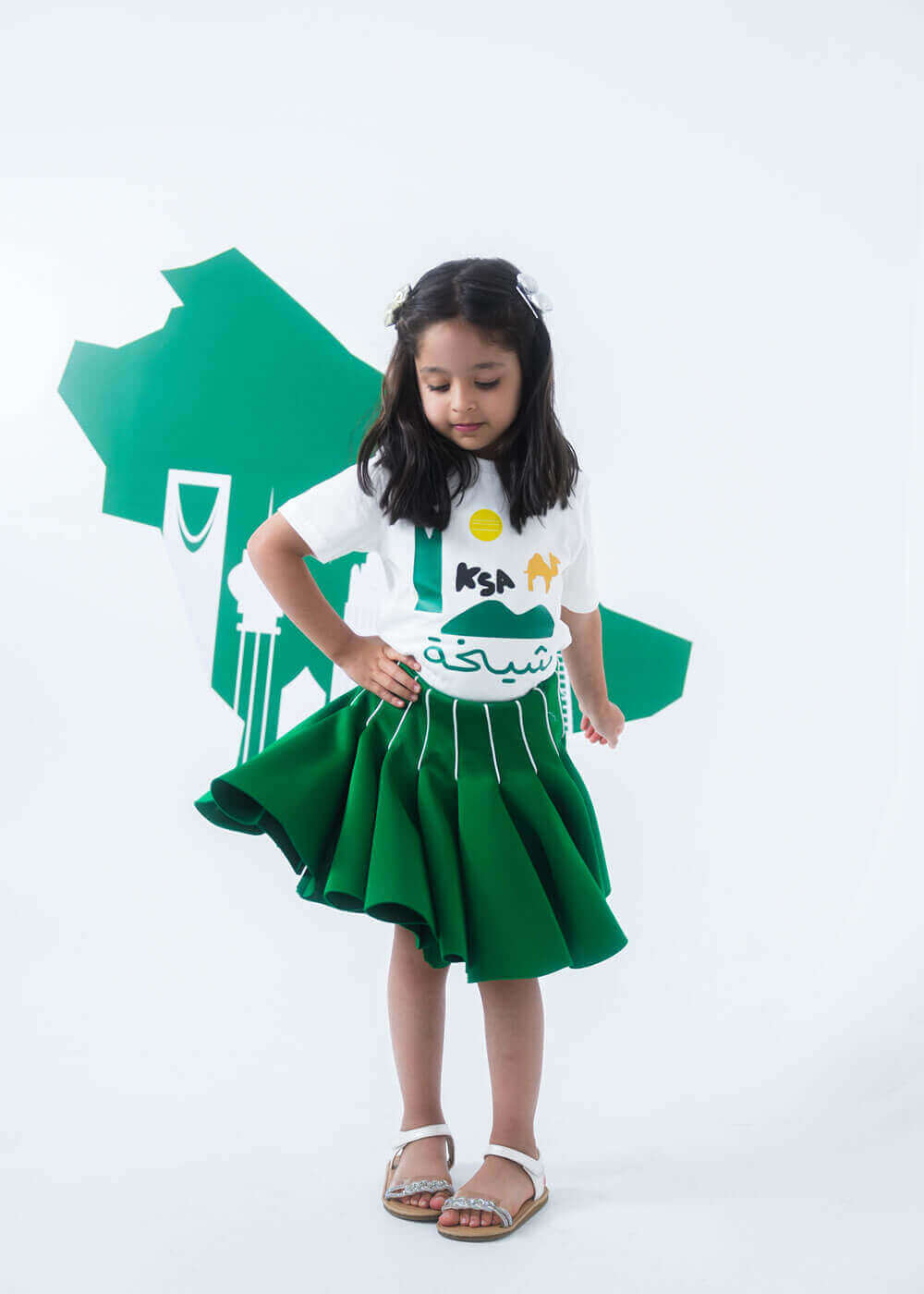 Saudi White T-Shirt Symbol Design Set For Girls (With Name Printing)