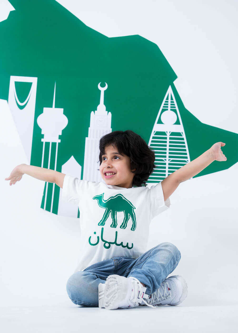 Saudi White T-Shirt Camel Design For Kids (With Name Printing)