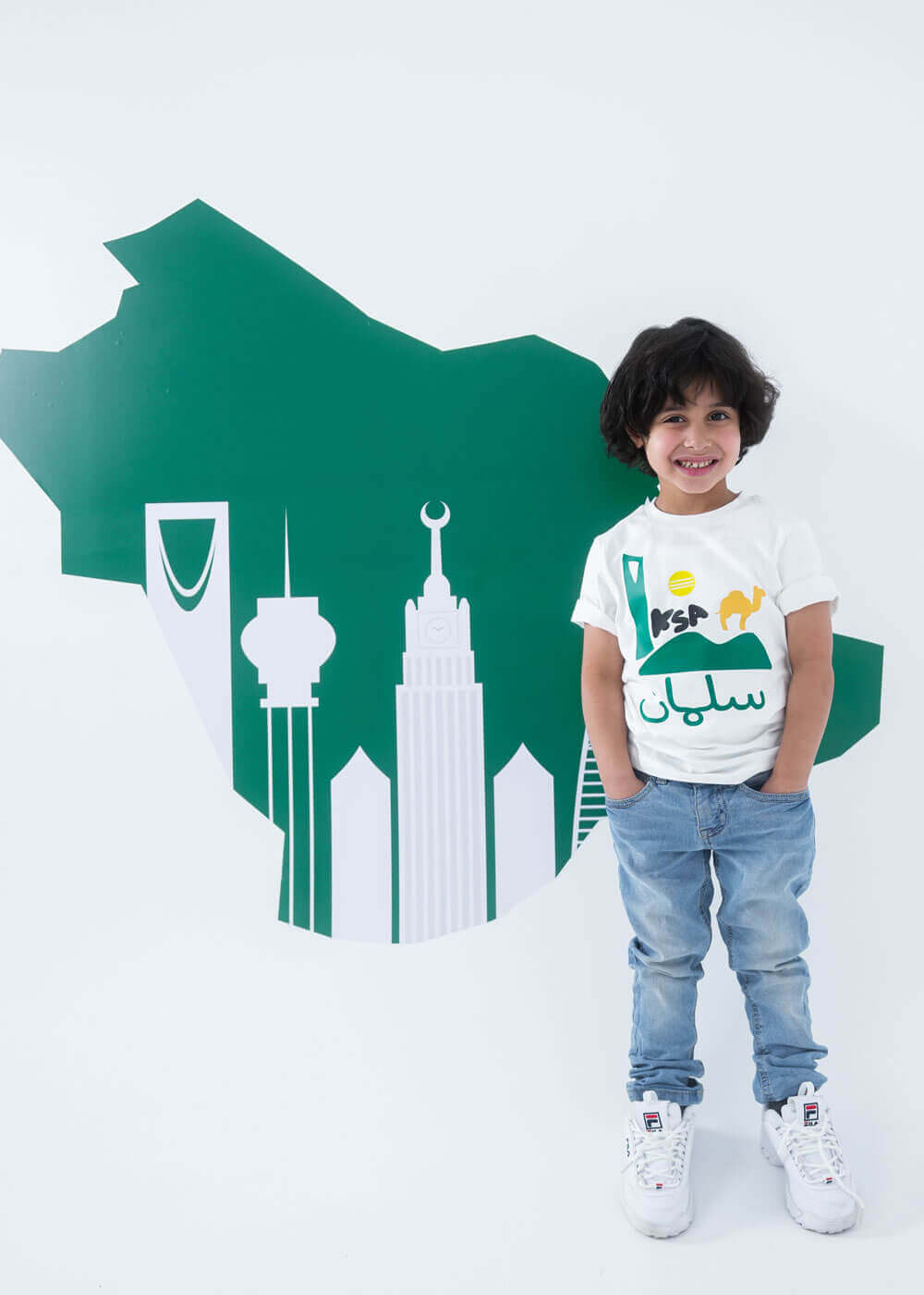 Saudi White T-Shirt Symbol Design For Kids (With Name Printing)