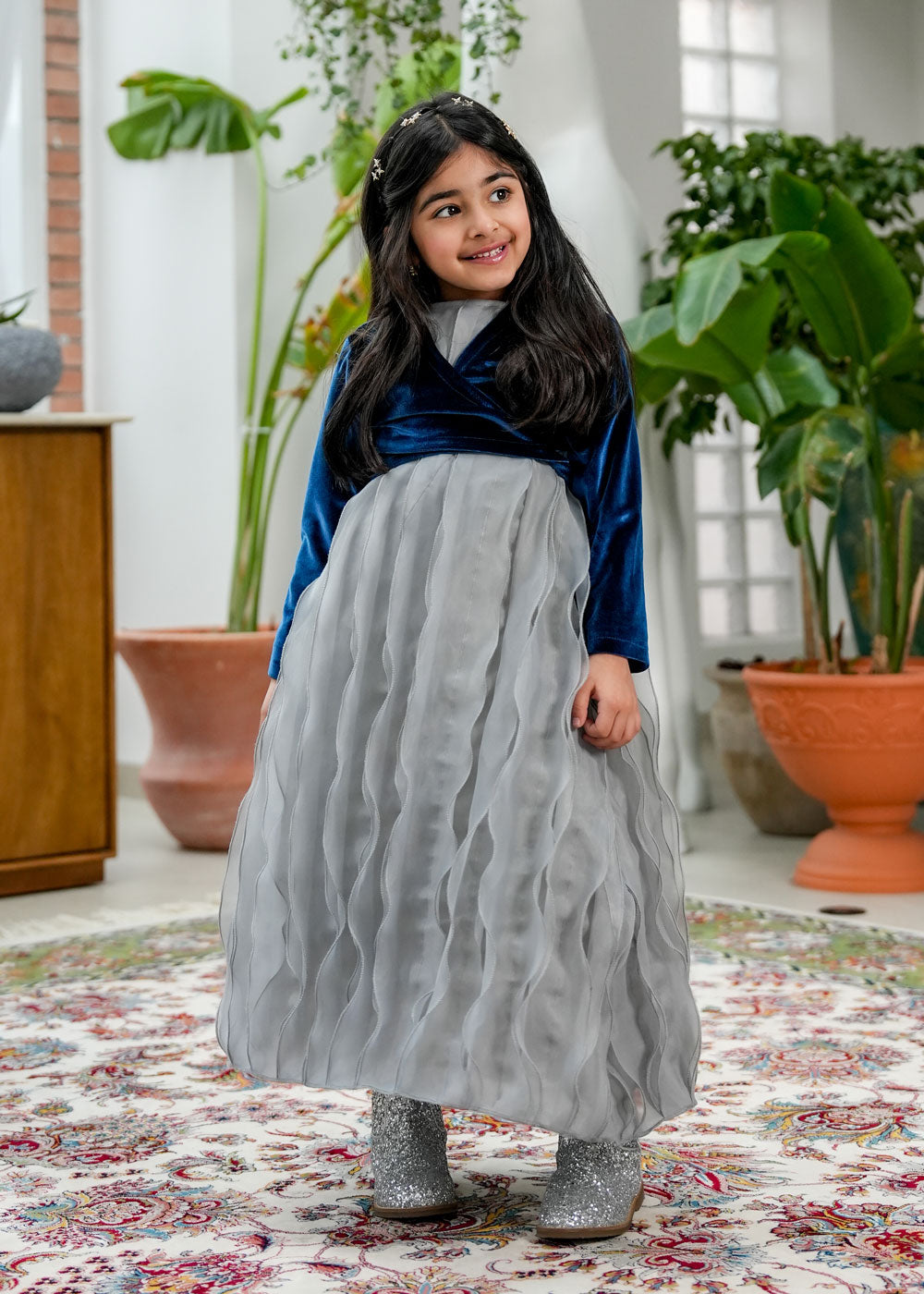 8042 Navy Daraa Velvet Set For Girls