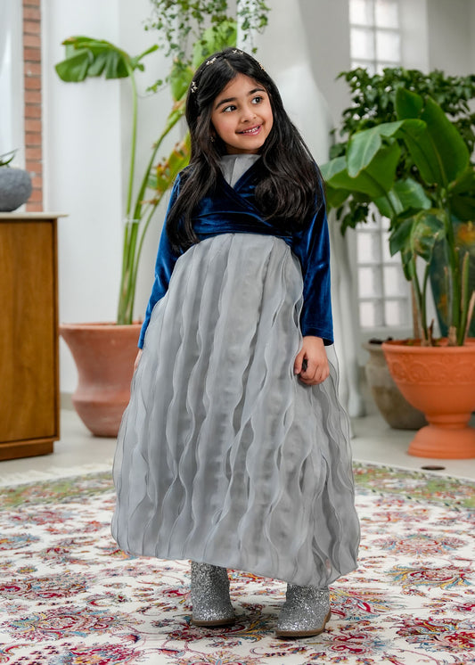 8042 Navy Daraa Velvet Set For Girls
