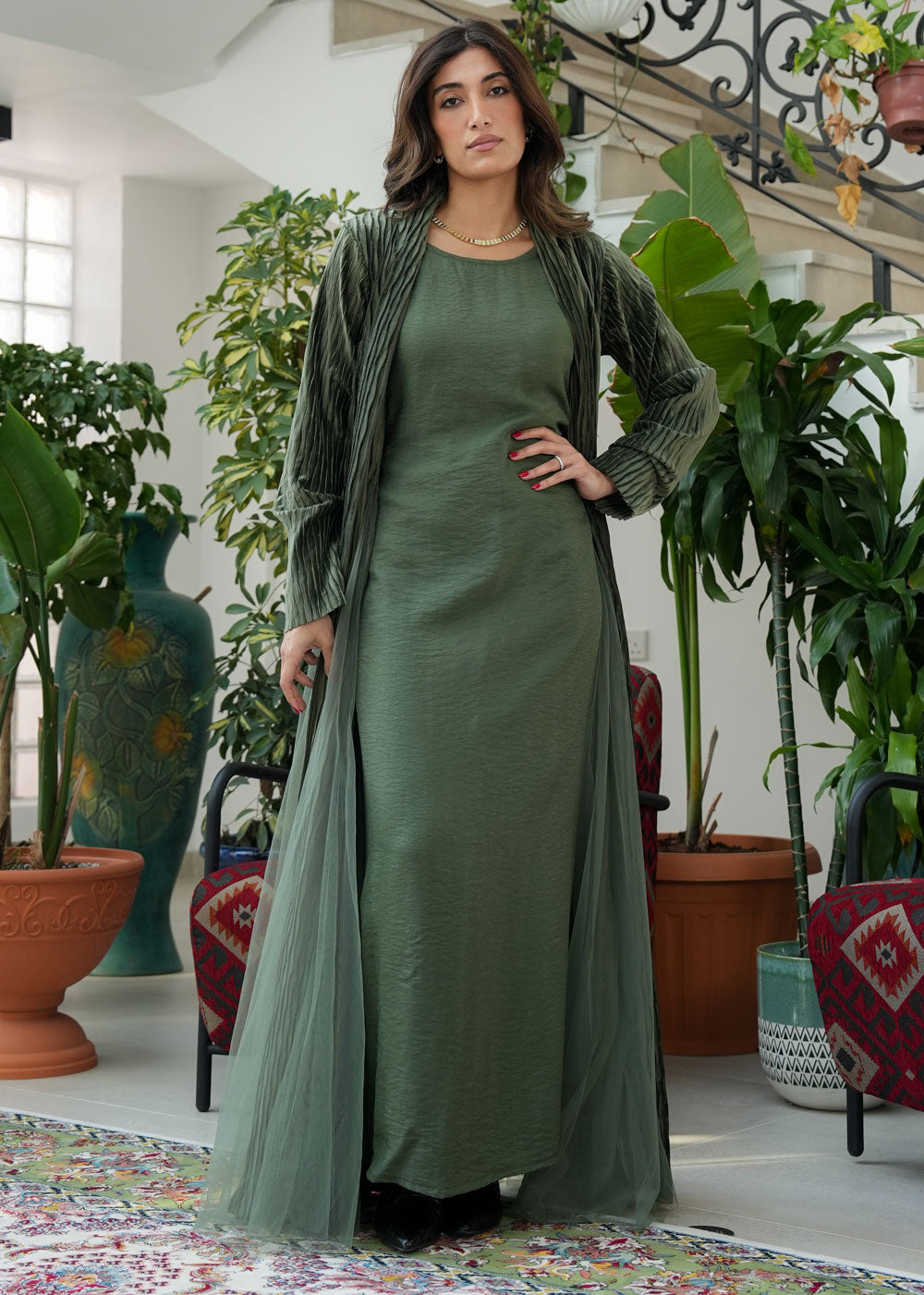 8077 Olive Green Tulle Daraa Set For Women