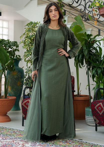 8077 Olive Green Tulle Daraa Set For Women