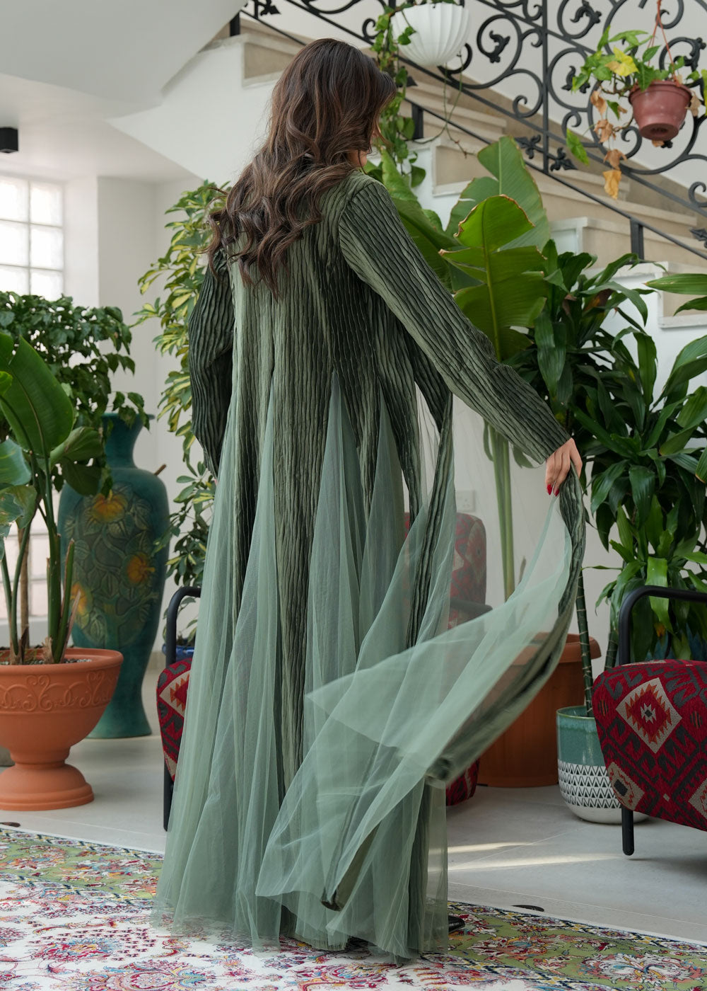 8077 Olive Green Tulle Daraa Set For Women