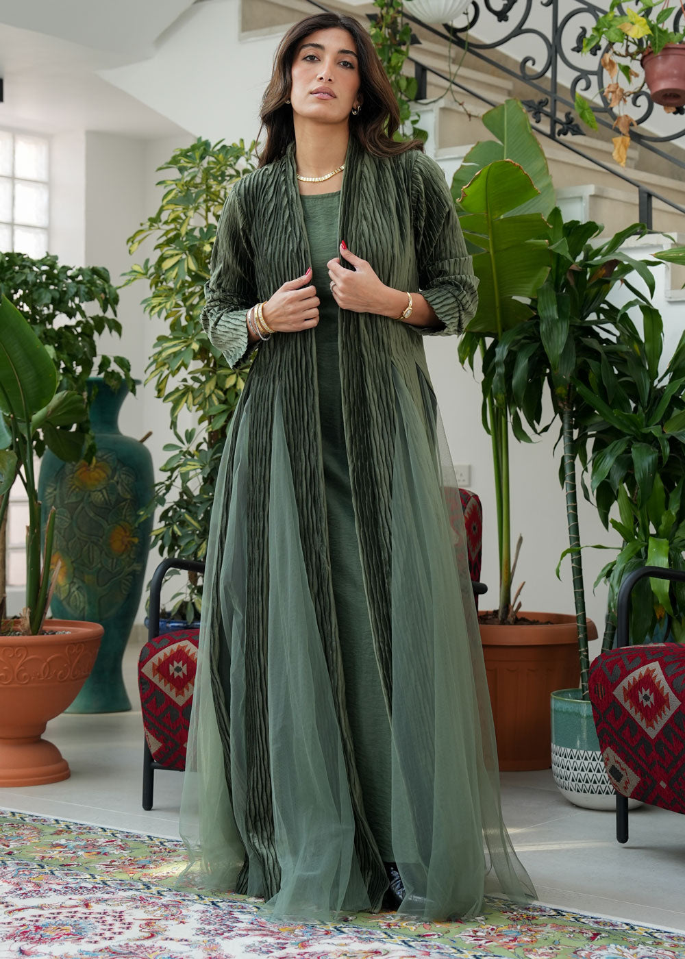 8077 Olive Green Tulle Daraa Set For Women