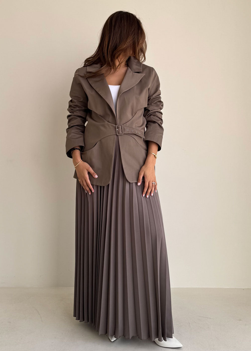 8240 Light Brown Blazer And Skirt Set For Women