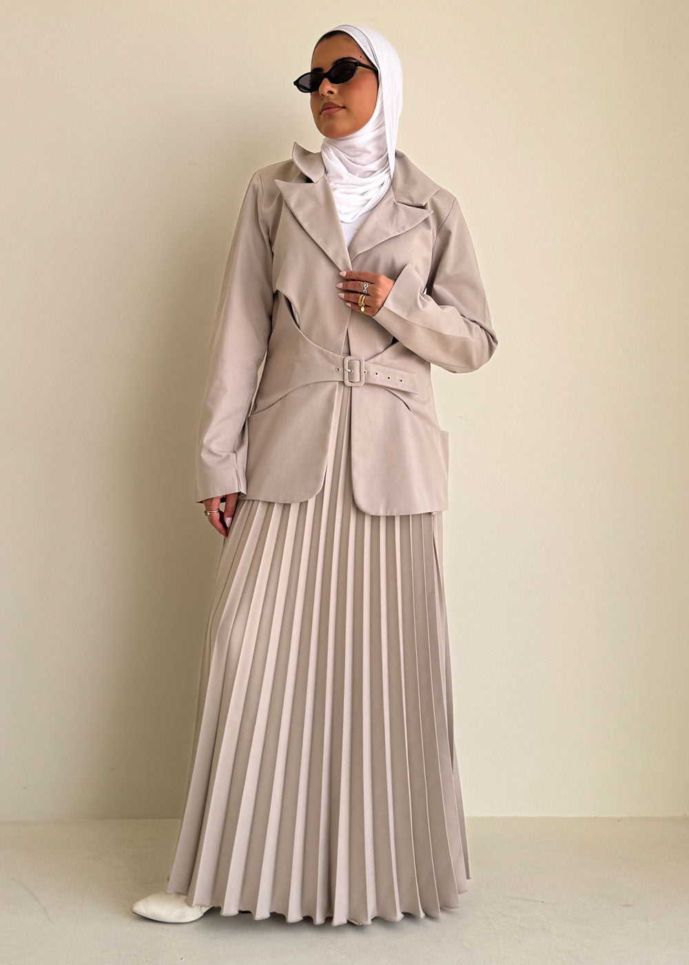 8240 Light Beige Blazer And Skirt Set For Women
