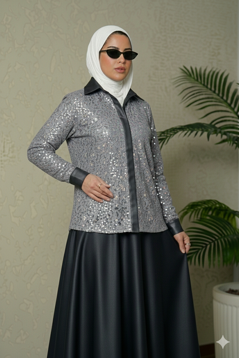 8111 Grey Shirt And Skirt Set For Women