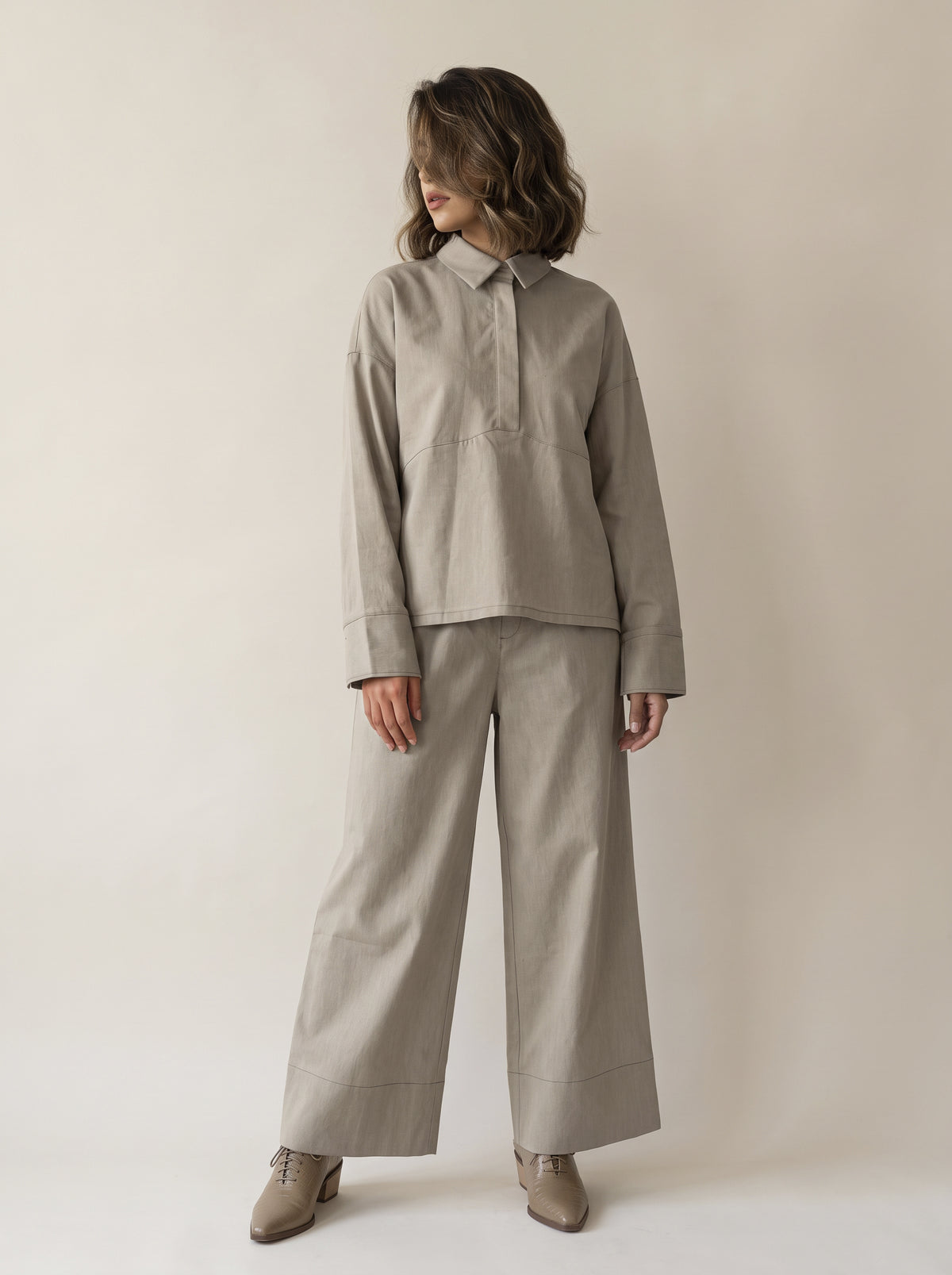 8165 Beige Jacket and Pants Set For Women