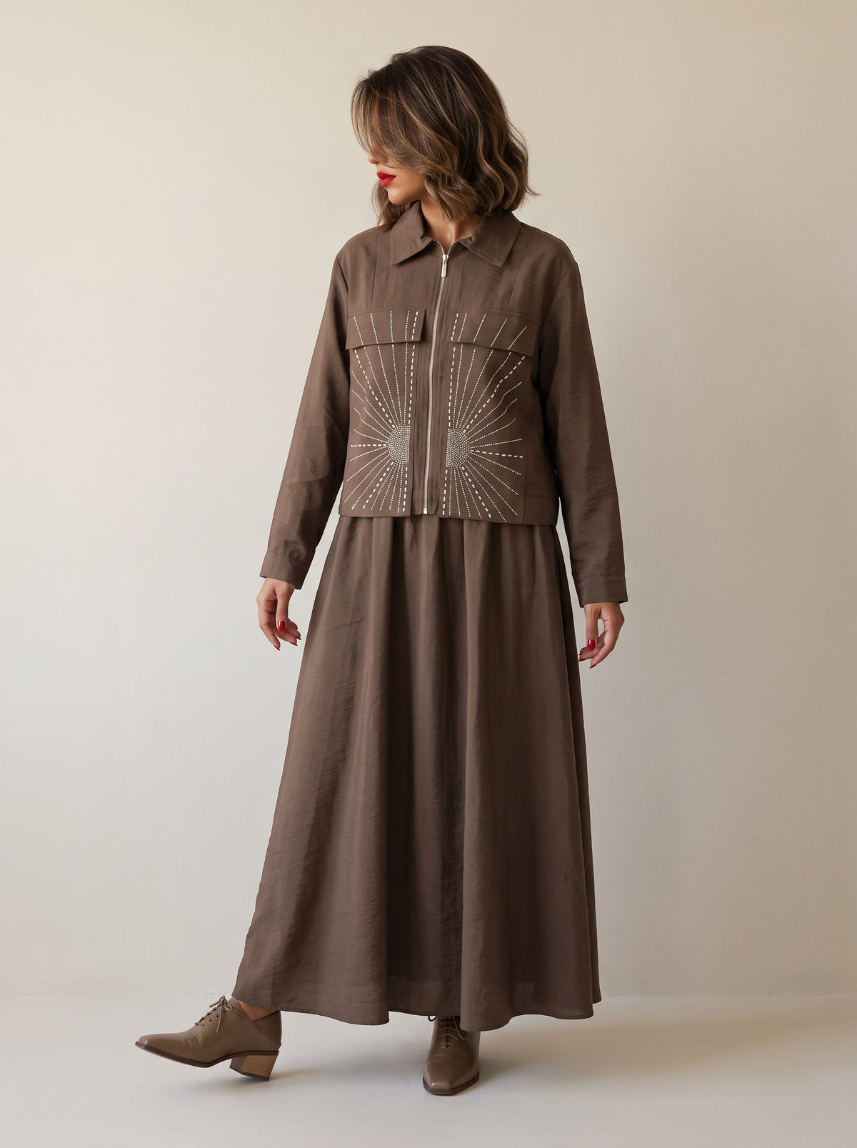 8202 Brown Jacket and Skirt Set For Women