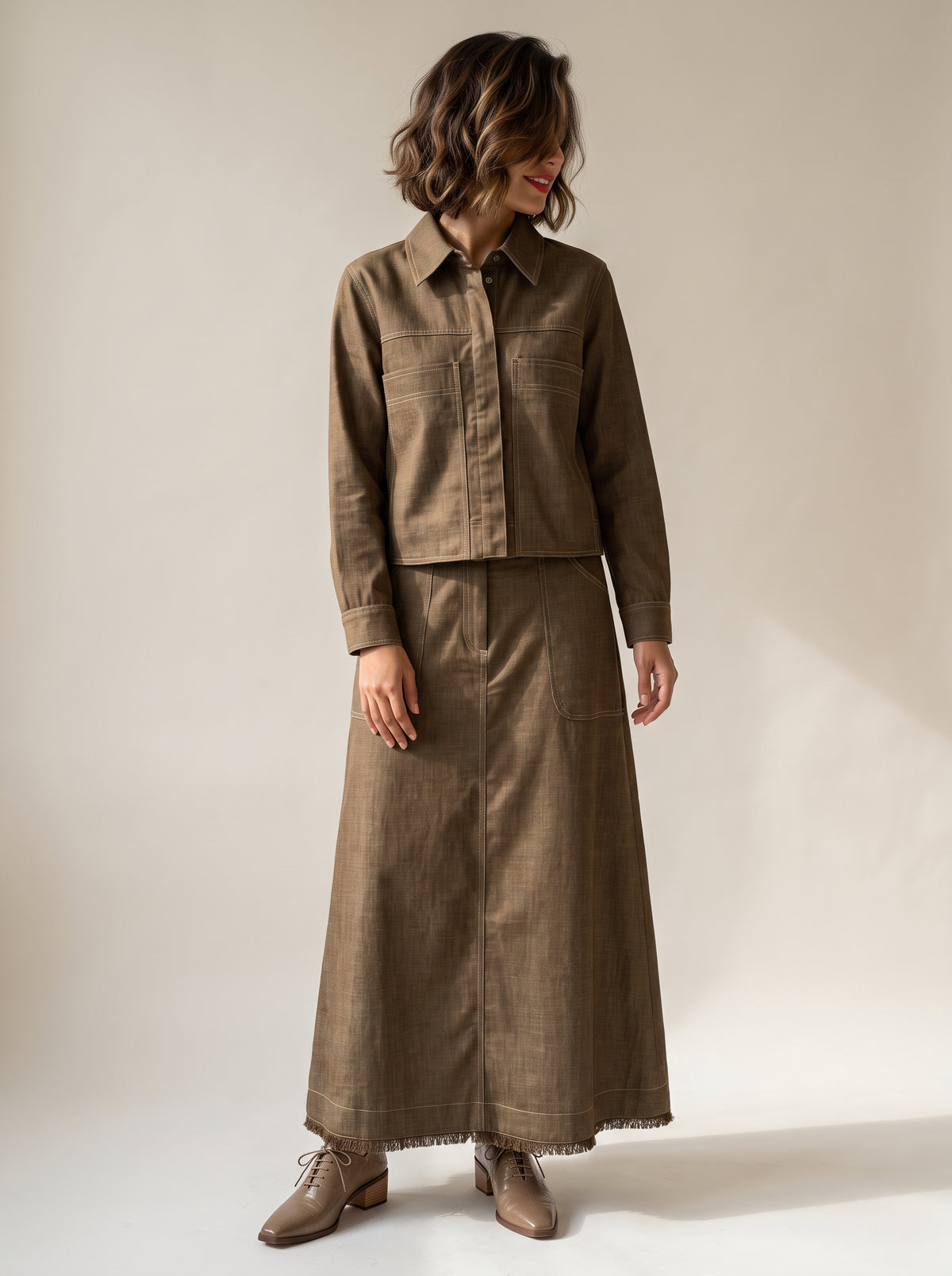 8384 Brown Jacket and Skirt Set For Women