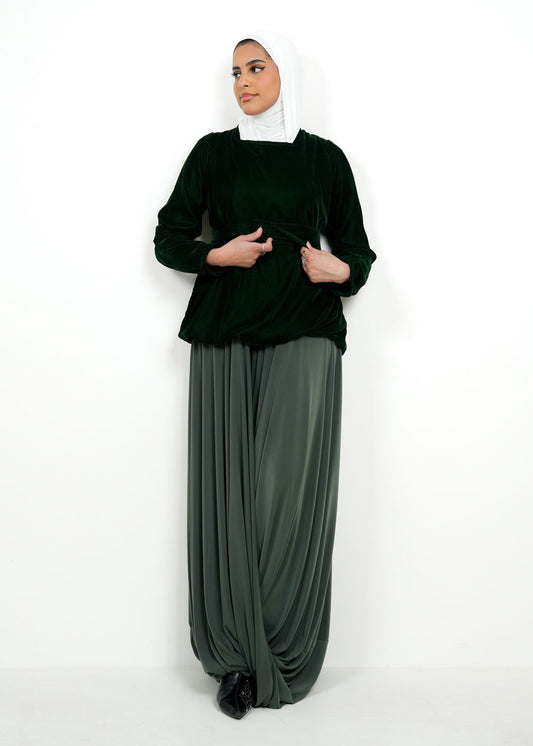 8076 Dark Olive Velvet Daraa Set For Women