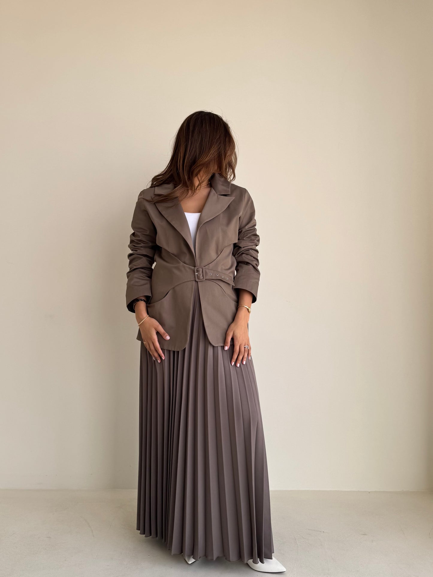 8240 Light Brown Blazer And Skirt Set For Women