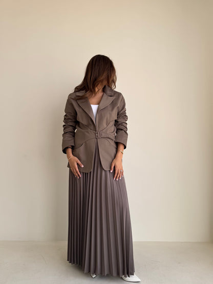 8240 Light Brown Blazer And Skirt Set For Women