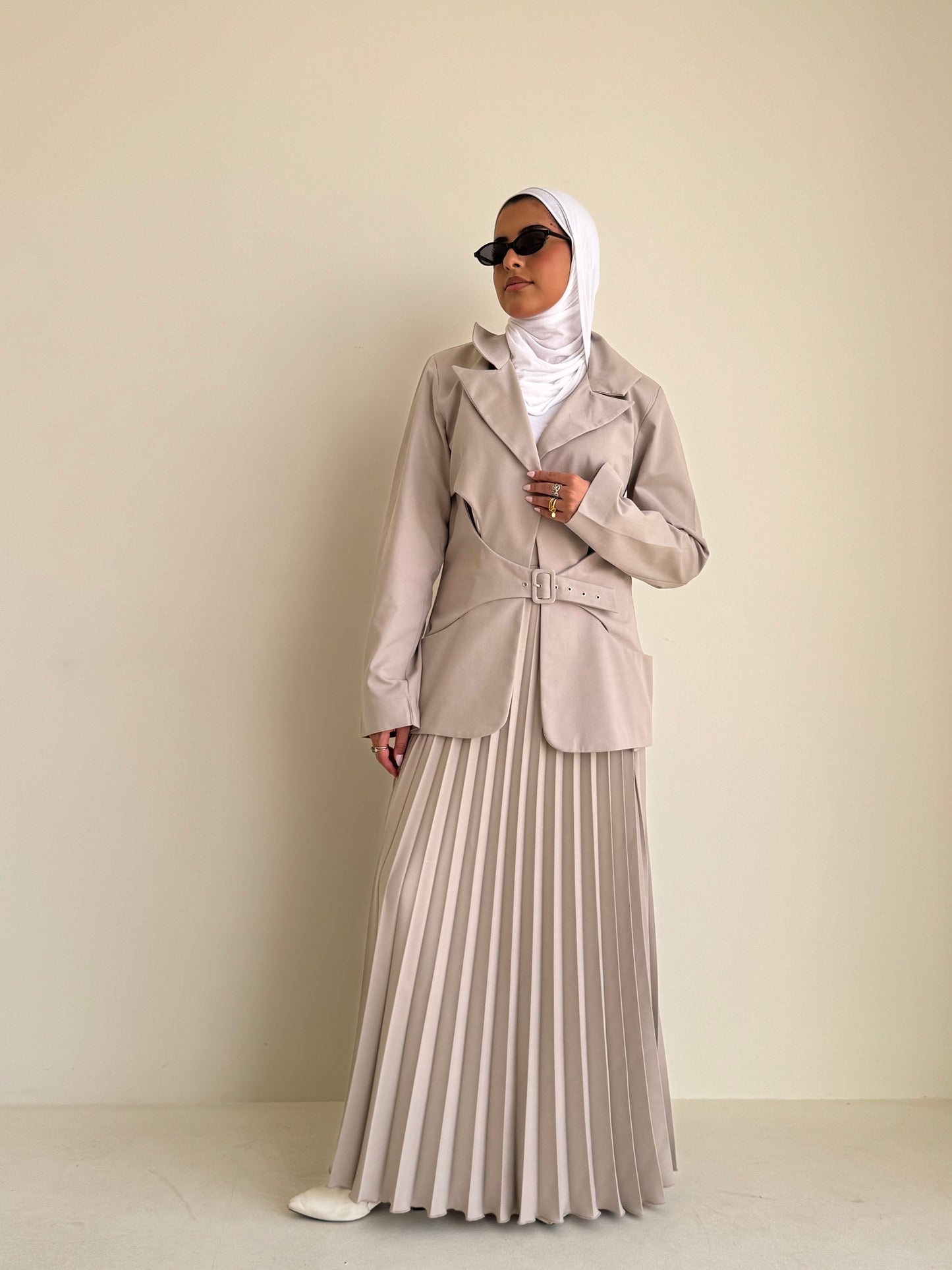 8240 Light Beige Blazer And Skirt Set For Women