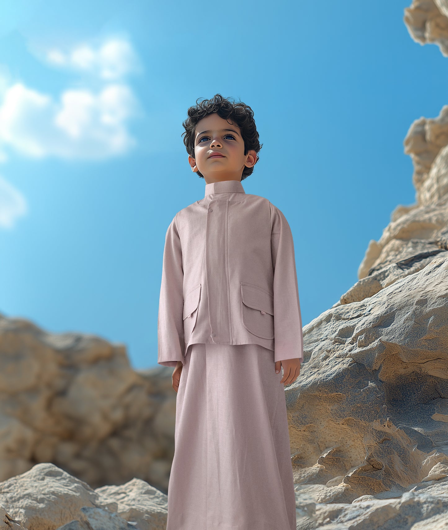 طقم دشداشة رملي مع صدرية وحقيبة D1