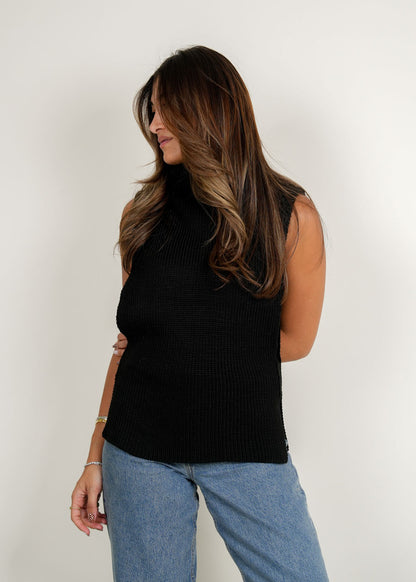 7515 Black Sleeveless Turtleneck Knit Sweater For Women FW1-23