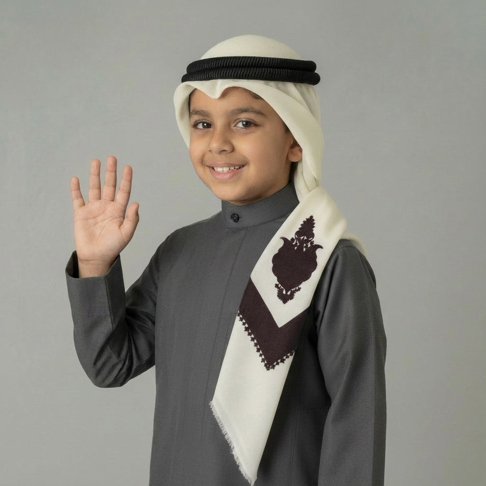Boy’s Ready-Made Slim Indian White Pattern Wool Shawl With Gahfiya And ...
