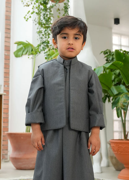Dark Grey Dishdasha Set With Vest And Bag D4