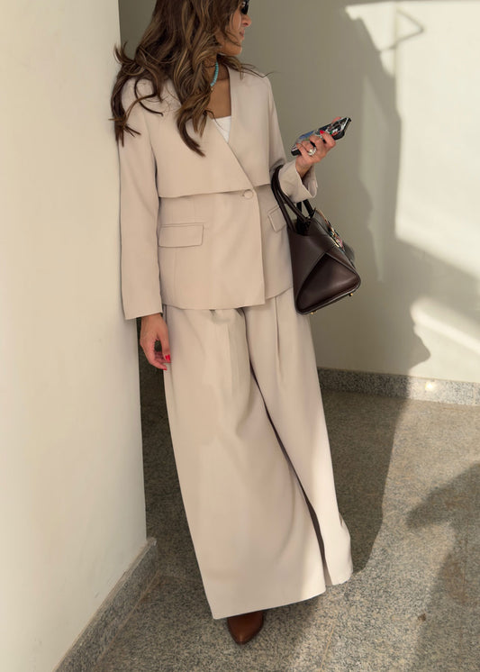 7665 Beige Blazer Set With Pants For Women
