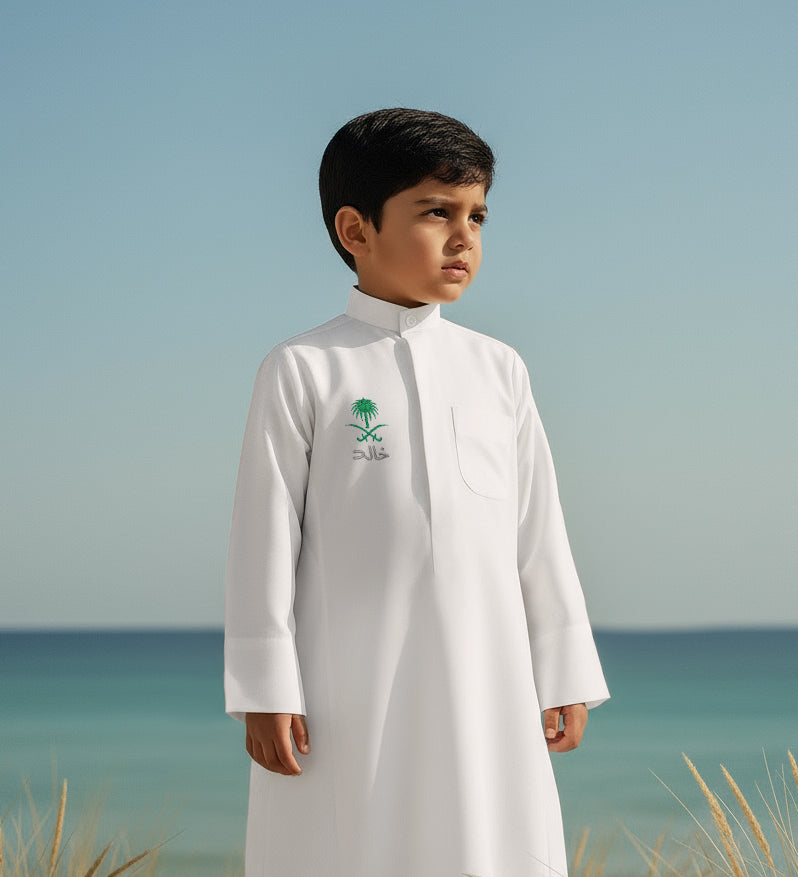 White Dishdasha with Palm Tree Embroidery Al Jazeera For Kids - Saudi National Day Edition