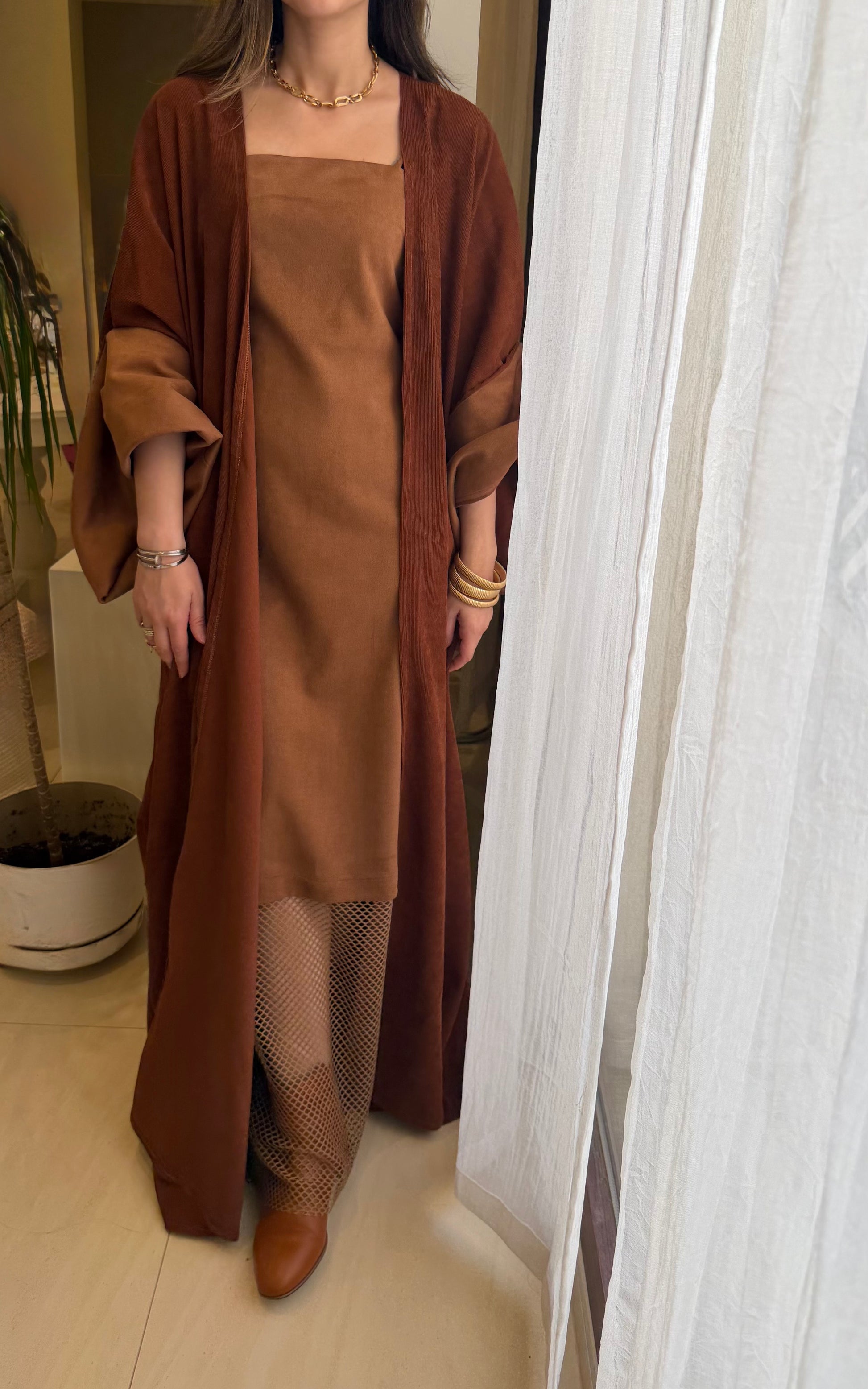 8081 Sunday Studio Brown Dress With Bisht For Women