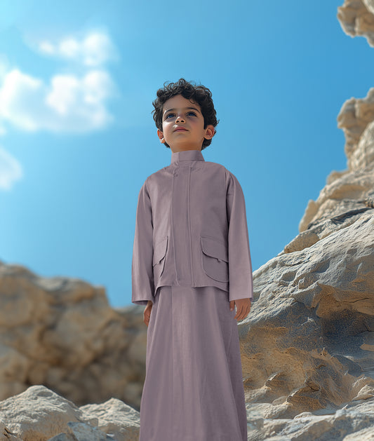 طقم دشداشة رمادي صخري مع صدرية وحقيبة D1