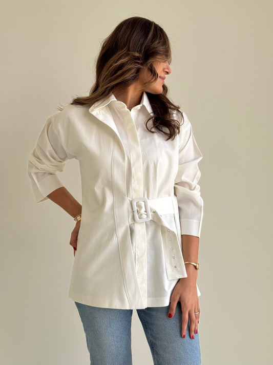 8170 Off White Shirt With Belt For Women