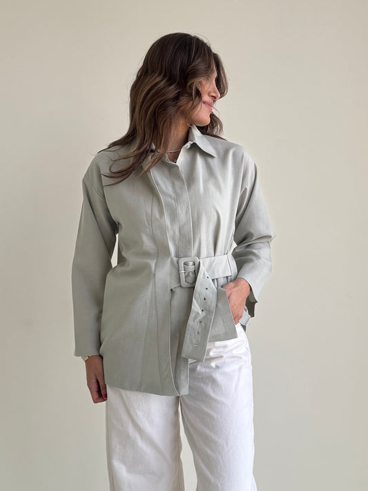 8170 Tiffany Blue Shirt With Belt For Women