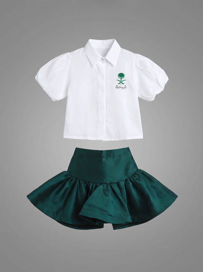 8282 White Shirt And Green Skirt Saudi Set