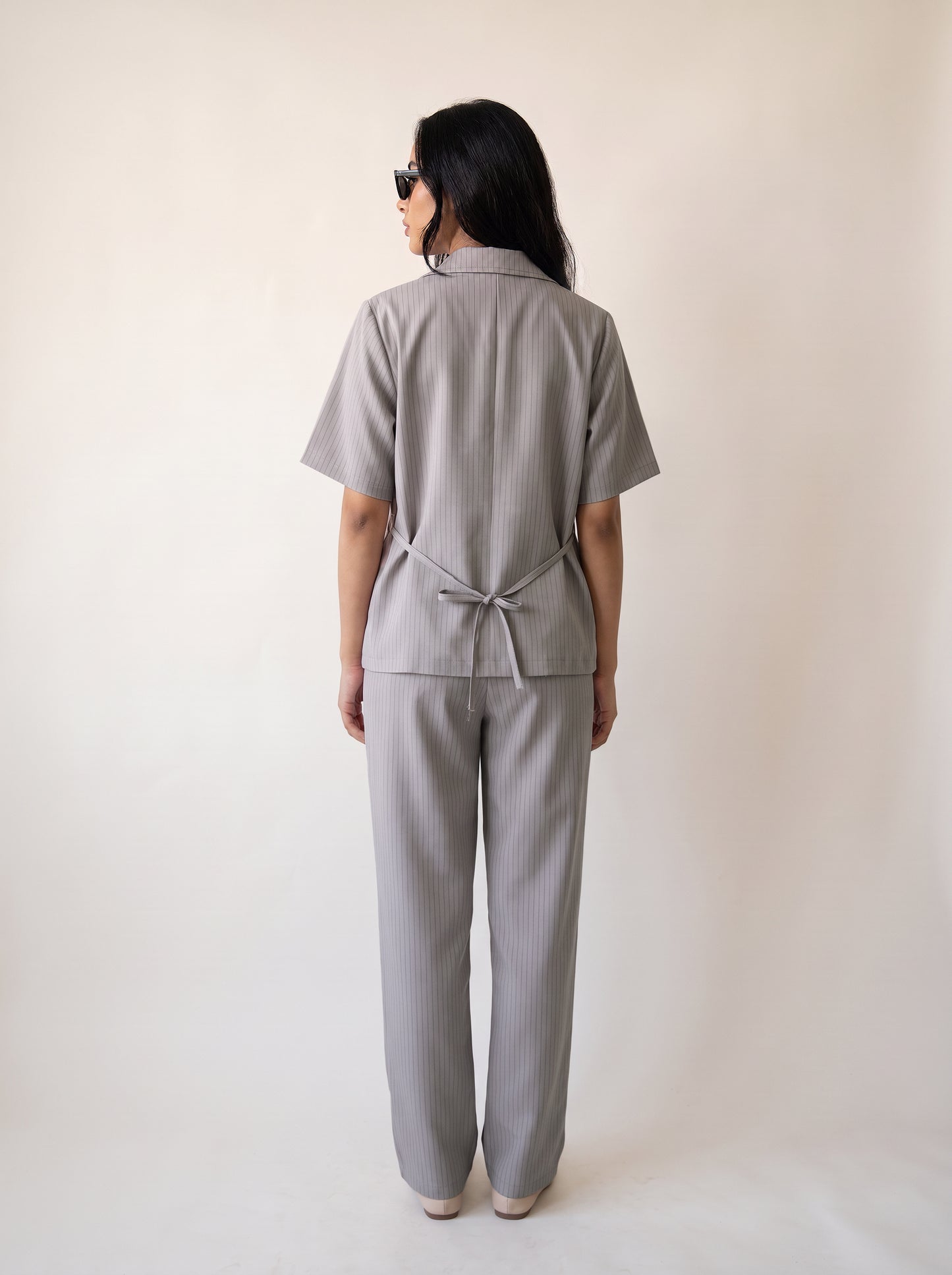 8274 Dove Grey Striped Jacket And Pants Set For Women