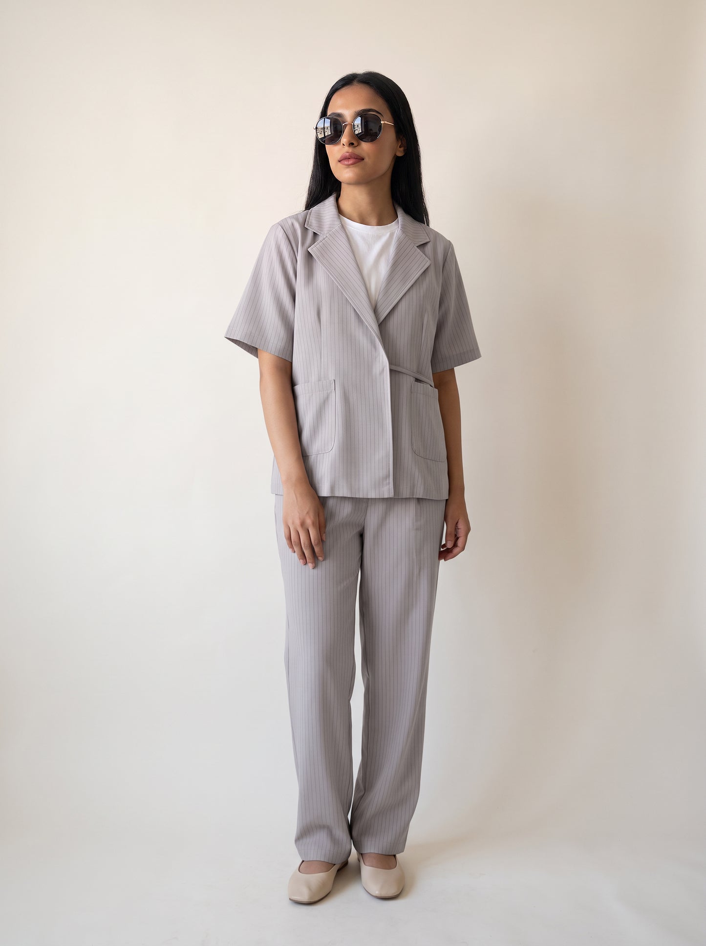8274 Dove Grey Striped Jacket And Pants Set For Women