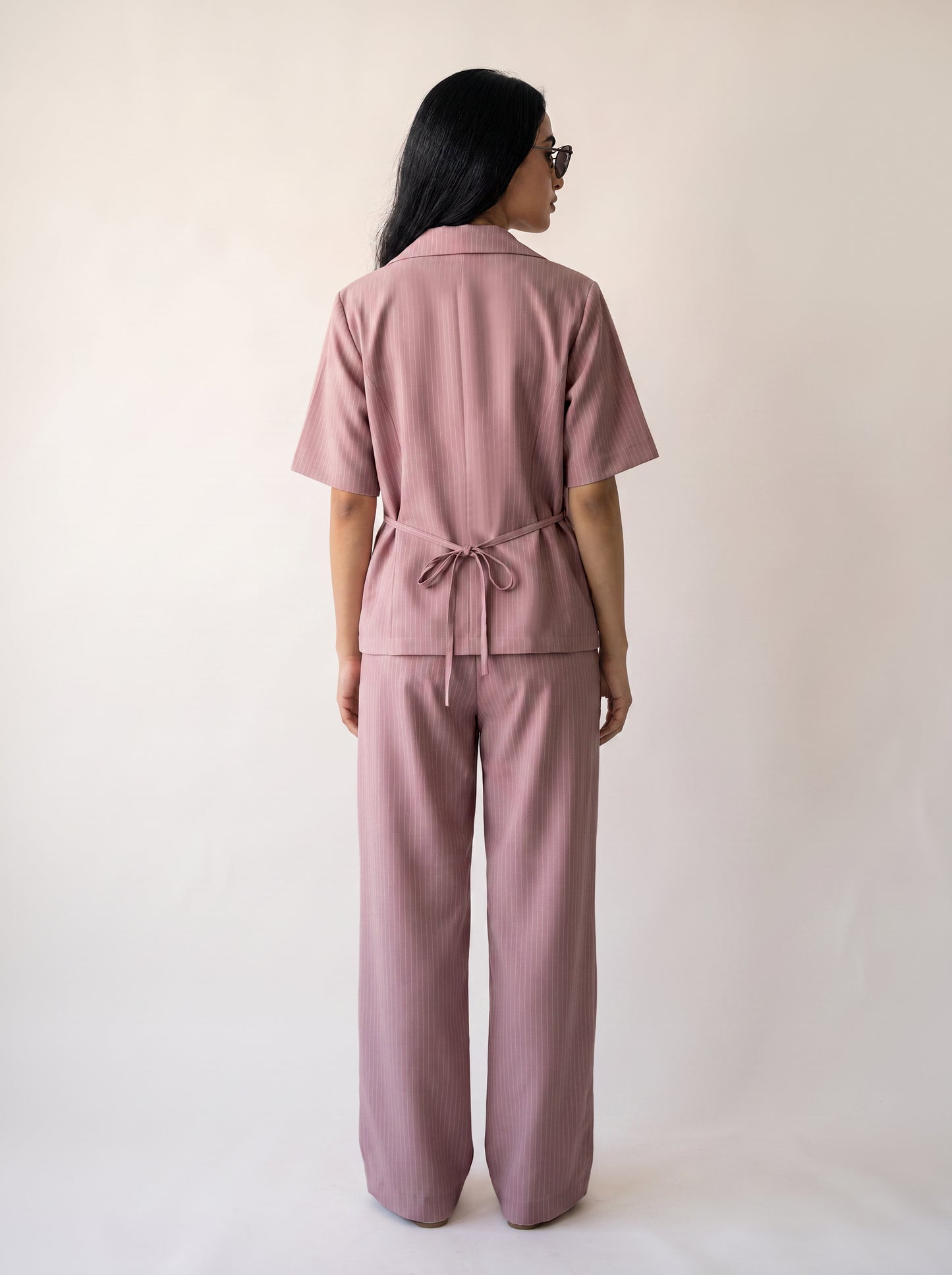 8274 Rose Pink Striped Jacket And Pants Set For Women