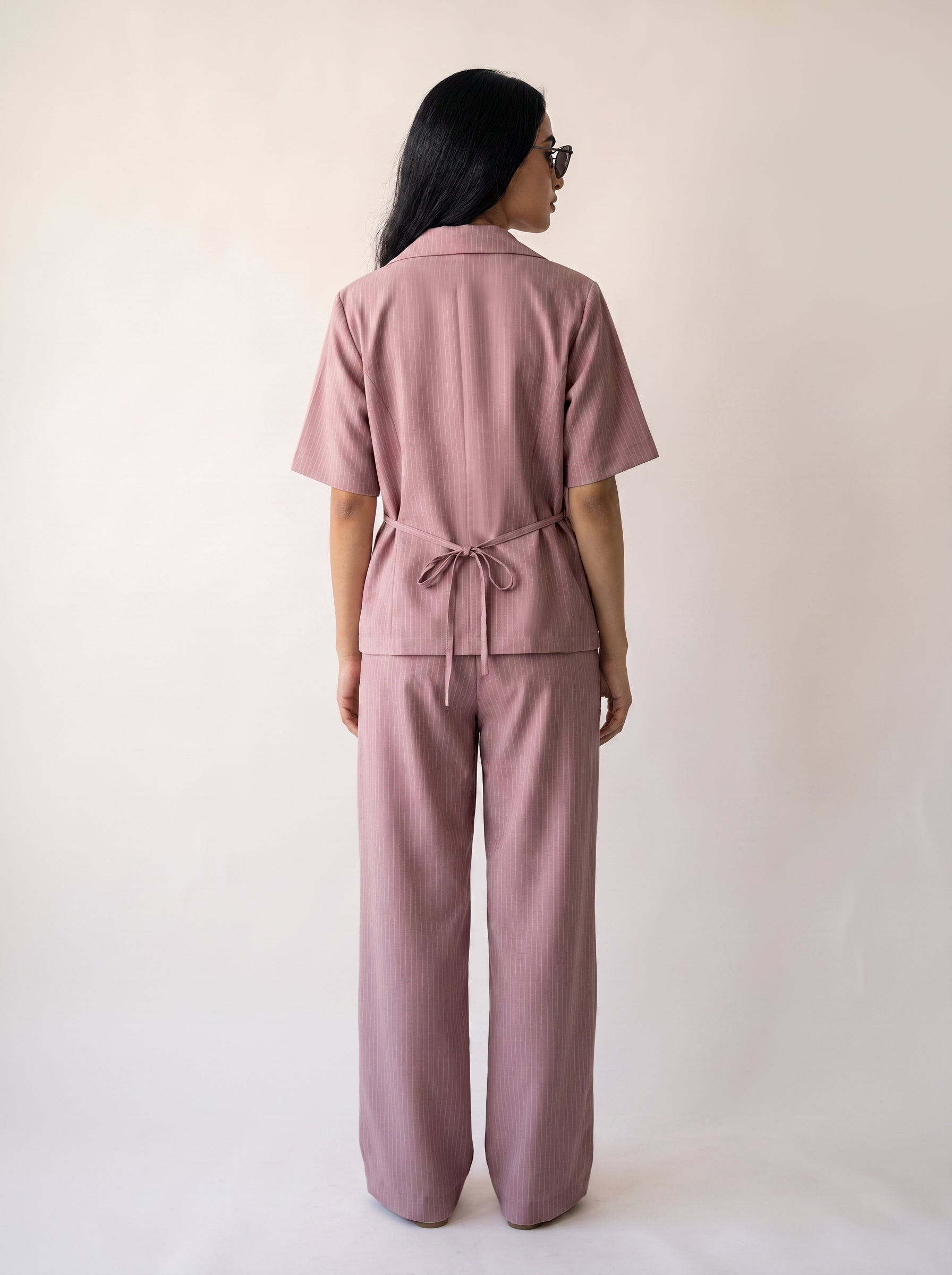 8274 Rose Pink Striped Jacket And Pants Set For Women