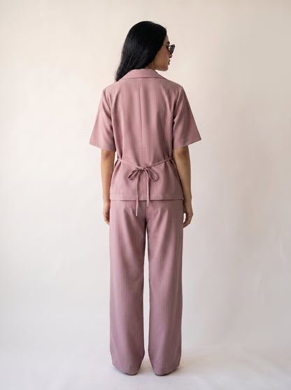 8274 Rose Pink Striped Jacket And Pants Set For Women