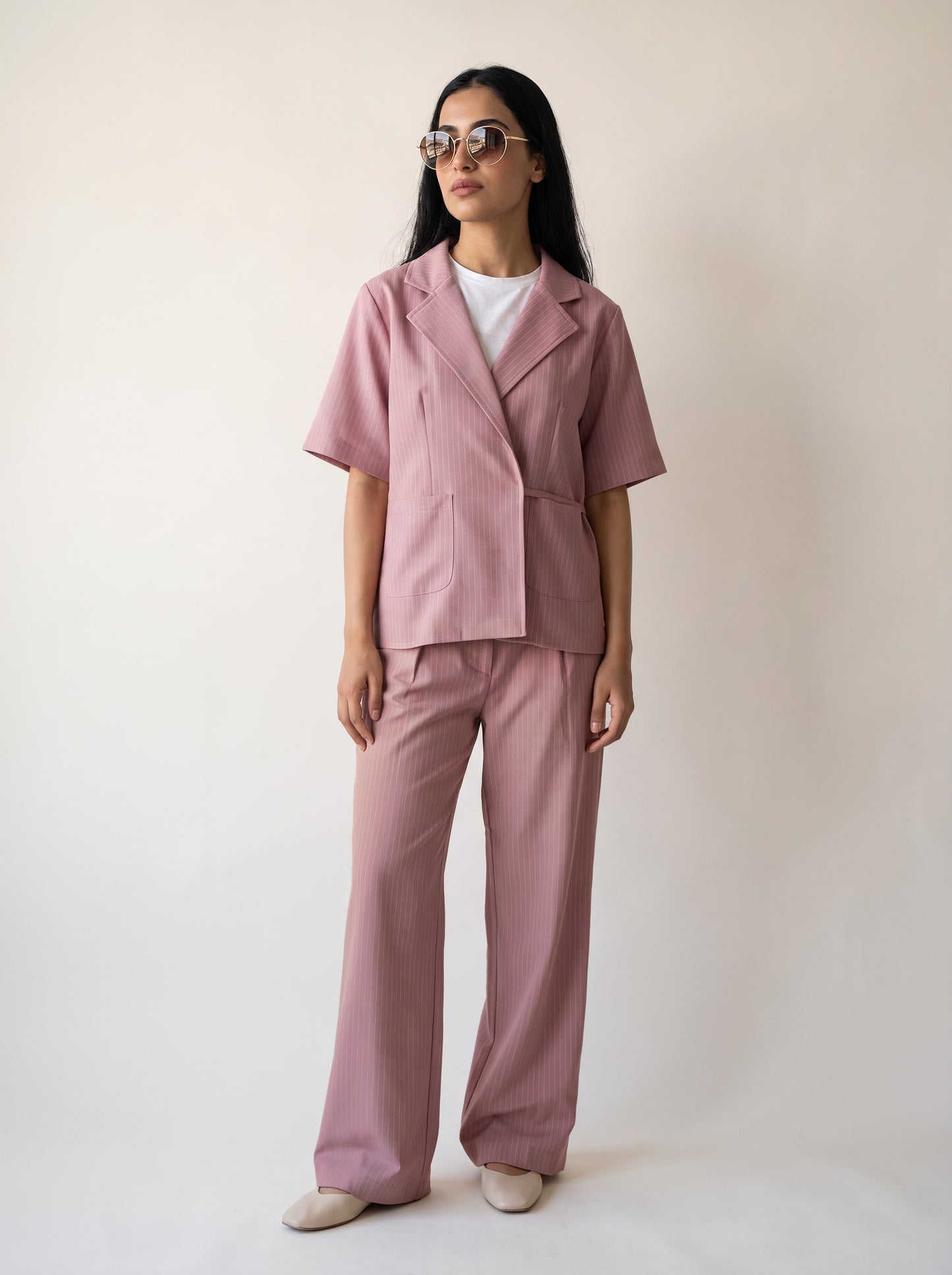 8274 Rose Pink Striped Jacket And Pants Set For Women
