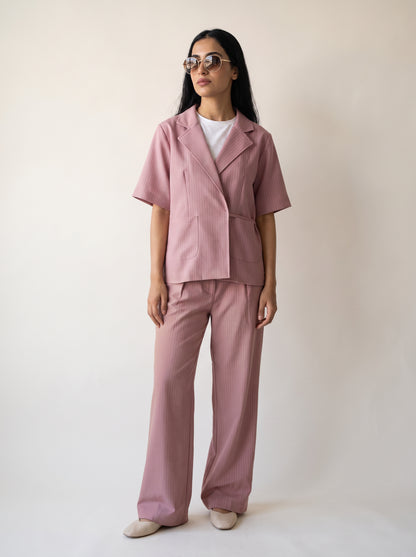 8274 Rose Pink Striped Jacket And Pants Set For Women
