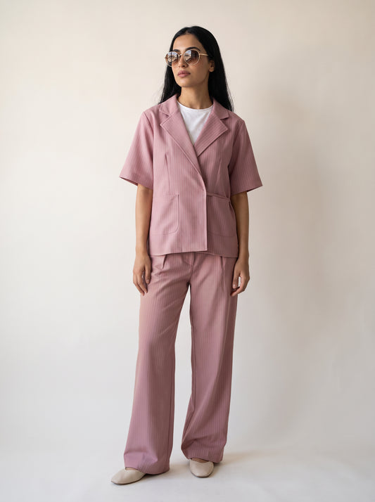 8274 Rose Pink Striped Jacket And Pants Set For Women