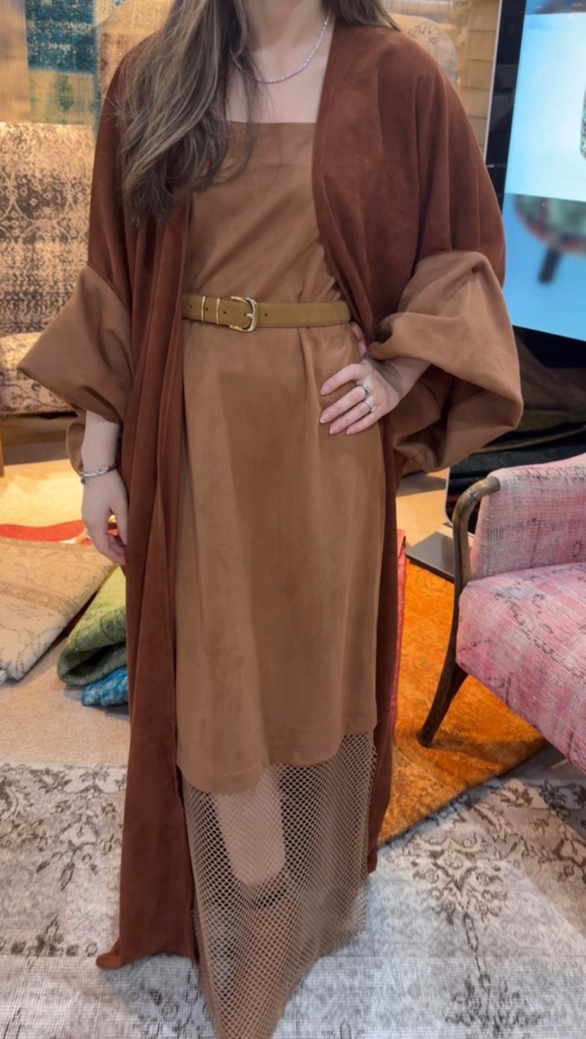 8081 Sunday Studio Brown Dress With Bisht For Women