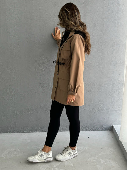 7667 Beige Hooded Jacket For Women